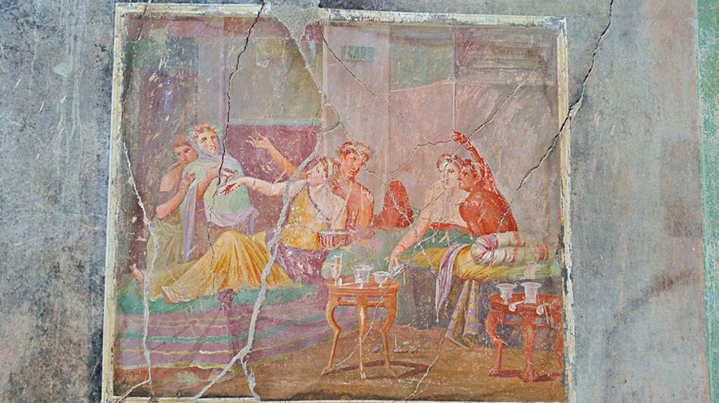 IX.12.6 Pompeii. 2016/2017. 
Room 3, painting of banqueting scene from west wall of triclinium. Photo courtesy of Giuseppe Ciaramella.
