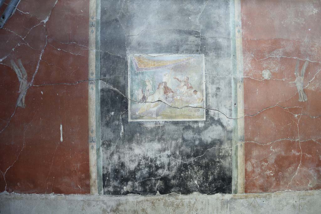 IX.12.6 Pompeii. February 2017. Room 3, painting in centre of north wall with banqueting scene. Photo courtesy of Johannes Eber.