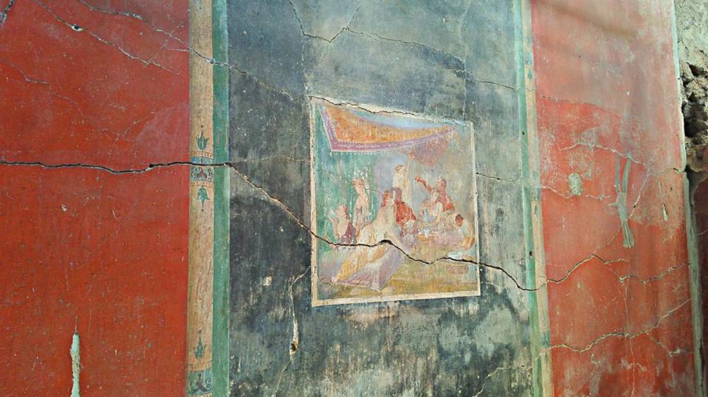 IX.12.6 Pompeii. 2016/2017. Room 3, centre of north wall. Painting of banqueting scene. Photo courtesy of Giuseppe Ciaramella.