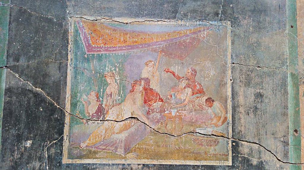 IX.12.6 Pompeii. 2016/2017. Room 3, north wall of triclinium. Painting of banqueting scene. Photo courtesy of Giuseppe Ciaramella.