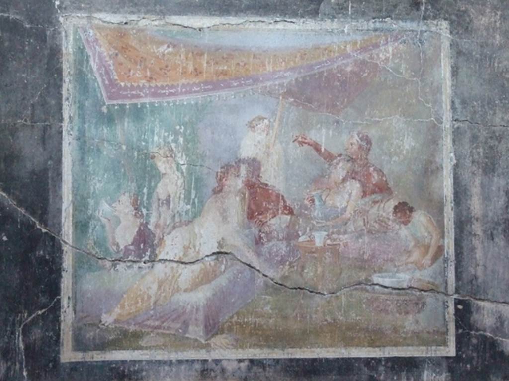 IX.12.6 Pompeii. March 2009.  Room 3, north wall of triclinium. Painting of banqueting scene.