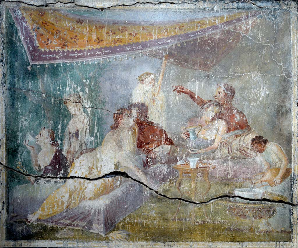 IX.12.6 Pompeii. February 2017. 
Room 3, painting of banqueting scene from north wall of triclinium. Photo courtesy of Johannes Eber.
