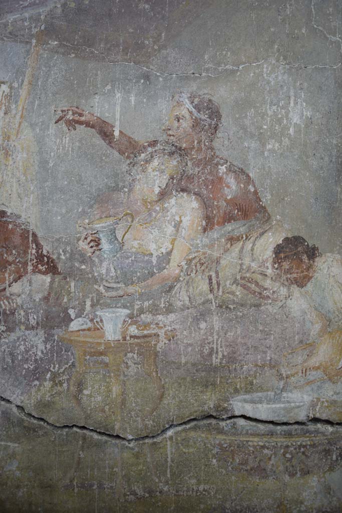 IX.12.6 Pompeii. February 2017. 
Room 3, detail of figures in banqueting scene on north wall. Photo courtesy of Johannes Eber.

