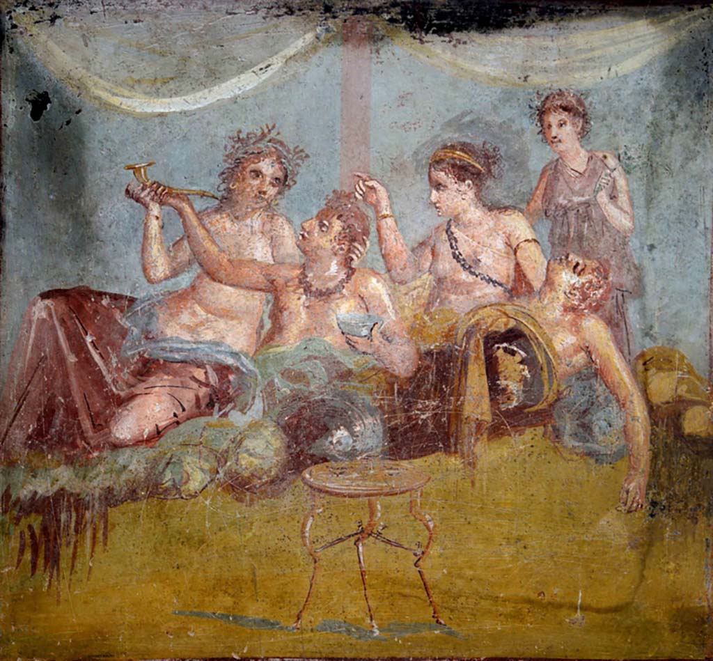 IX.12.6 Pompeii. February 2017. 
Room 3, painting of banqueting scene in centre of east wall of triclinium. Photo courtesy of Johannes Eber.
