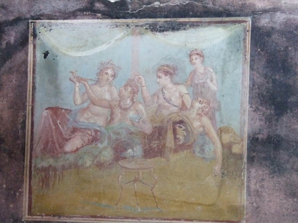 IX.12.6 Pompeii. March 2009. Room 3, east wall of triclinium. Painting of banqueting scene.