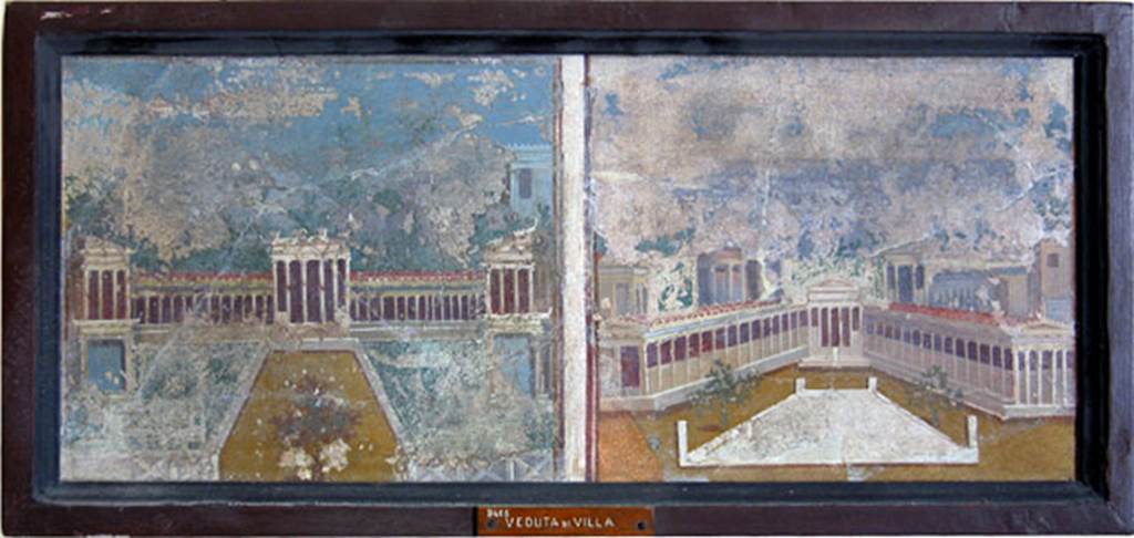 HGW06 Pompeii. Found on 2nd June 1770. Ambiente 40 of Villa of Cicero.  Wall painting made up from two pictures of views of gardens with porticos. Now in Naples Archaeological Museum.  Inventory number 9406.