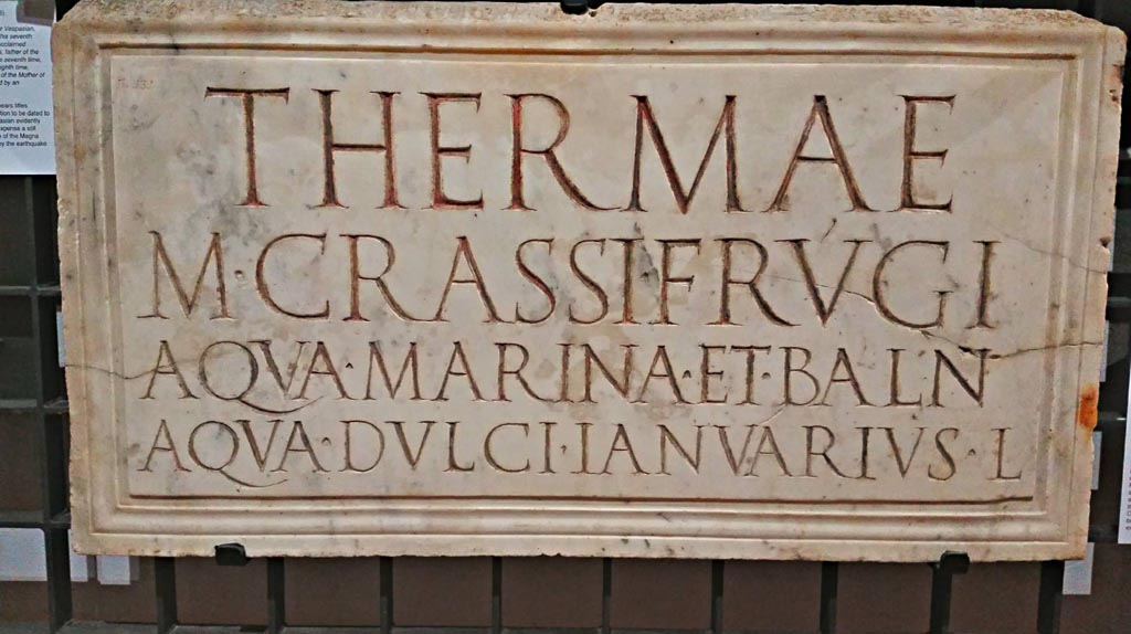 HGW06 Pompeii. June 2017. Marble entrance sign for the Baths of Marcus Crassus Frugi.
Found in 1749 outside the Herculaneum Gate, at the so-called Villa of Cicero. Photo courtesy of Giuseppe Ciaramella.
(also entered in Villa 90, at Torre Annunziata).
