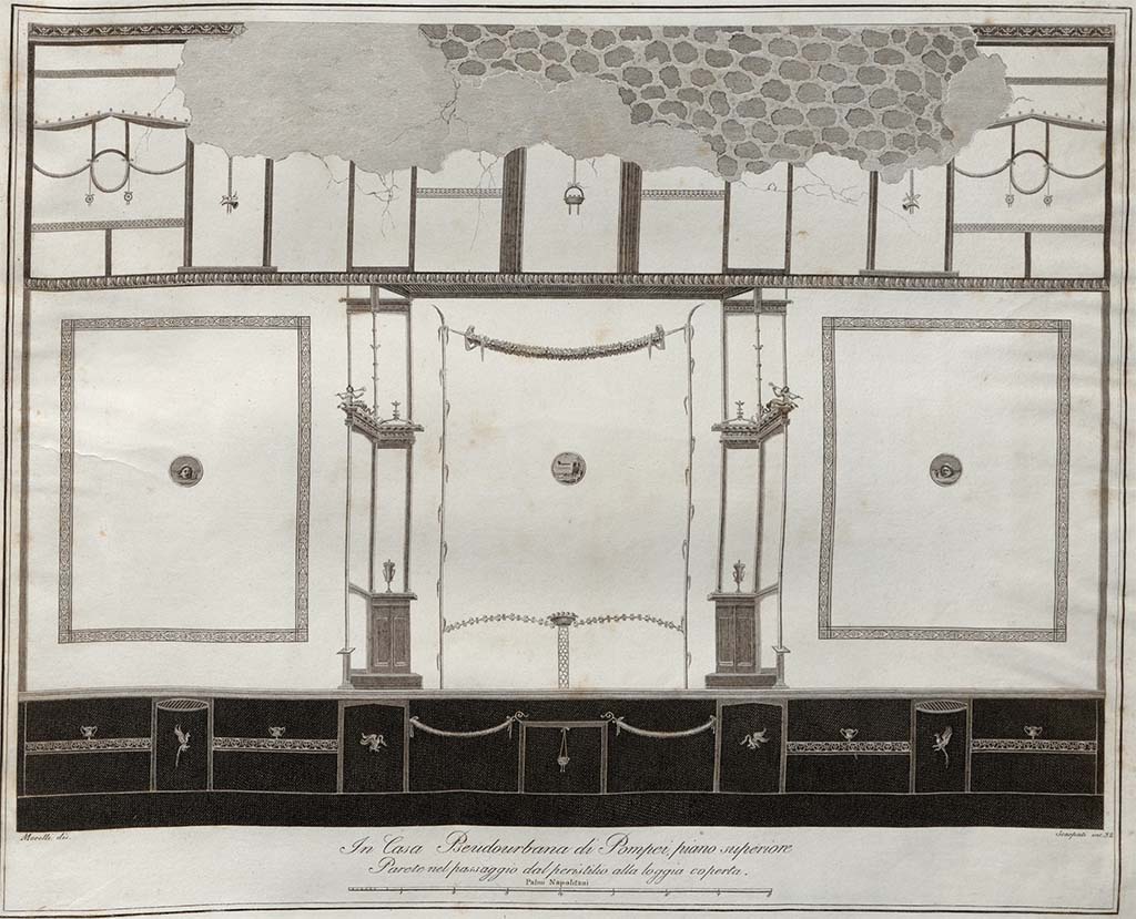 HGW24 Pompeii. Drawing by Francesco Morelli, entitled “Parete sul passagio del peristilio del piano superiore”.
(Wall on the passage of the peristyle of the upper floor). Incised by Scarpati.
See Gli Ornati delle Pareti ed I Pavimenti delle Stanze dell’Antica Pompei, 1838, (No.32).
According to Fontaine, this shows the north wall of the tablinum, but the enlargements of the medallions (below), look very similar to the ones identified by Pagano and Prisciandaro as coming from La Vega plan, either 2 or 3 (3 being the tablinum) or as above, from Fontaine’s room 2.6.
