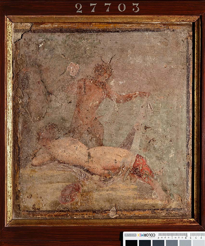 HGW24 Pompeii. 2013. Bacchante lying down being uncovered by a Satyr, by lifting her cloth, which partly covered her.
Now in Naples Archaeological Museum. Inventory number 27703.
Photo by Thomas Crognier, ©Villa Diomedes Project, base de données Images, http://villadiomede.huma-num.fr/bdd/images/571

