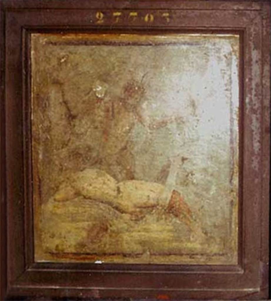 HGW24 Pompeii. Bacchante lying down being uncovered by a Satyr, by lifting her cloth, which partly covered her.
(According to Pagano & Prisciandaro - Helbig 546b, Nr 1486) 
Now in Naples Archaeological Museum. Inventory number 27703.

