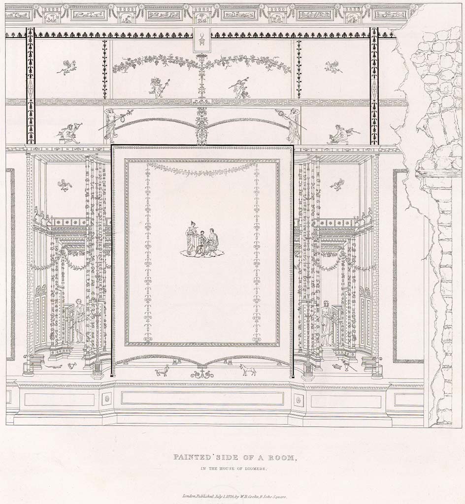 Villa of Diomedes. 1826 drawing of painted side of a room in the villa.
See Cooke, Cockburn and Donaldson, 1827. Pompeii Illustrated: Vol. 2. London: Cooke, pl. 46 or 48.
