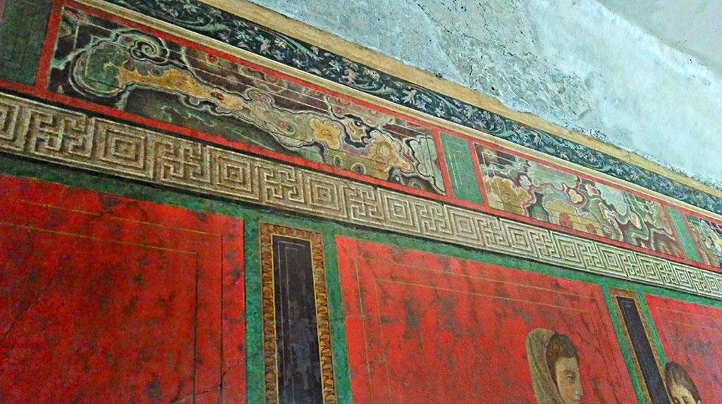 Villa of Mysteries, Pompeii. c.2015-2017. 
Room 5, detail of painted decoration from upper north wall. Photo courtesy of Giuseppe Ciaramella.
