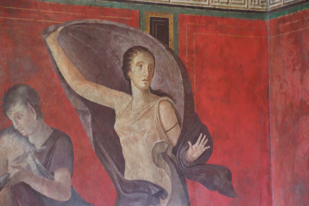 Villa of Mysteries, Pompeii. September 2021. Room 5, detail of figure from east end of north wall. Photo courtesy of Klaus Heese.