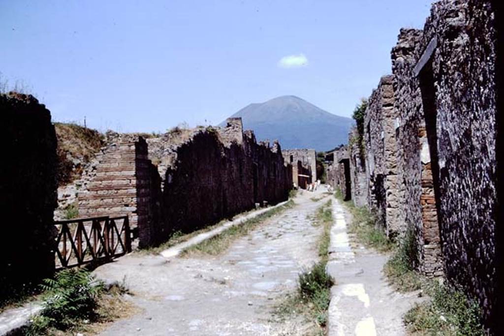 Via di Nocera, Pompeii. 1972. Looking north between I.14 and II.9, from junction with Via della Palestra. Photo by Stanley A. Jashemski. 
Source: The Wilhelmina and Stanley A. Jashemski archive in the University of Maryland Library, Special Collections (See collection page) and made available under the Creative Commons Attribution-Non Commercial License v.4. See Licence and use details. J72f0425
