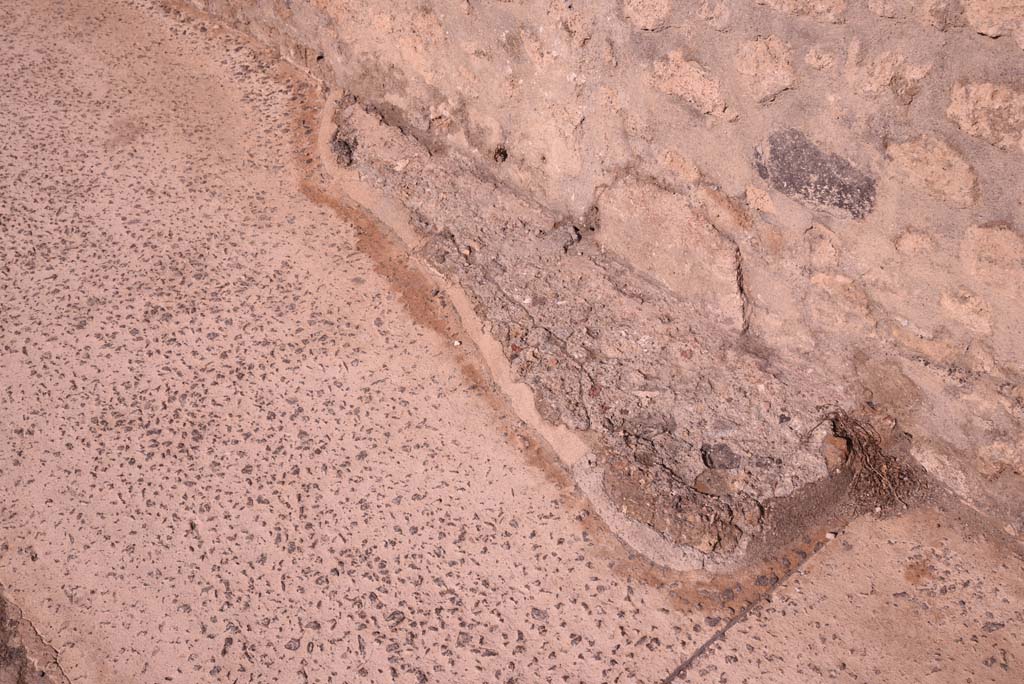 Vicolo del Menandro, north side, Pompeii. October 2019. Feature at base of wall on pavement.  
Foto Tobias Busen, ERC Grant 681269 DCOR.
