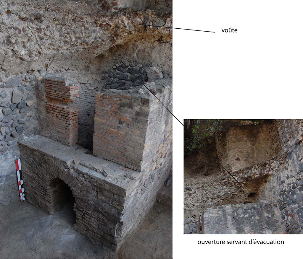 HGE29 Pompeii. September 2013. Room 2. On the left, looking south-east to front side of oven, with remains of vaulted roof.
On the right, detail of the opening for the flue.
Photo courtesy of Latitia Cavassa, Bastien Lemaire, Guilhem Chapelin, Aline Lacombe, John-Marc Piffeteau and Giuseppina Stelo.
Photo  Centre Jean Brard. For full report, see links above or below.
