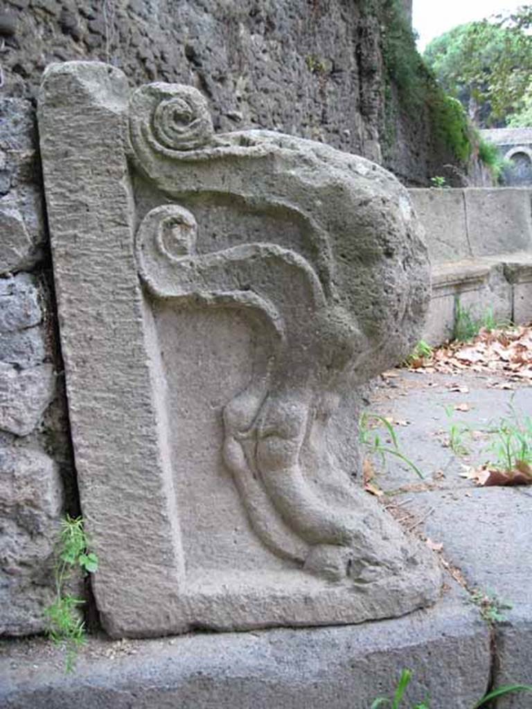 SGD Pompeii. September 2010. Carving of a paw at north end terminus of schola. Photo courtesy of Drew Baker.