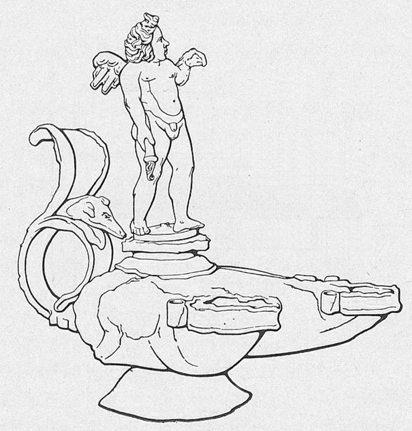 Villa della Pisanella, Boscoreale. Peristyle. Bronze statuette of a winged Eros on the cover of a bronze lamp.
See Pasqui A., La Villa Pompeiana della Pisanella presso Boscoreale, in Monumenti Antichi VII 1897, fig. 23.
