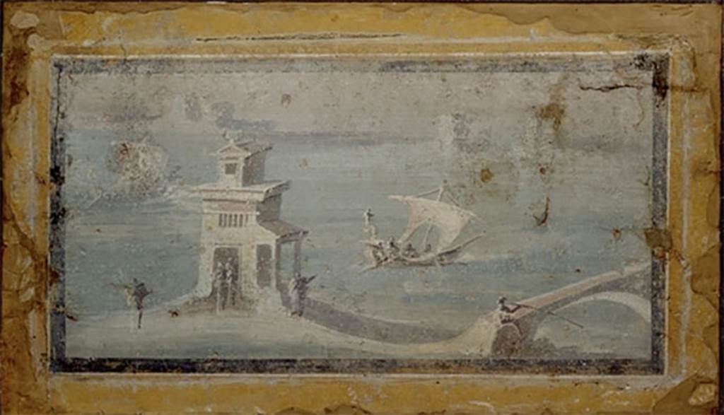 Villa rustica del fondo Ippolito Zurlo, Pompeii. Room B triclinium. East wall. 
Painting of a coastal view with a building, a bridge on which sat a fisherman, and two boats. 
Photo © Trustees of the British Museum. Inventory number 1899.215.2.
See Coastal landscape with boat at britishmuseum.org
