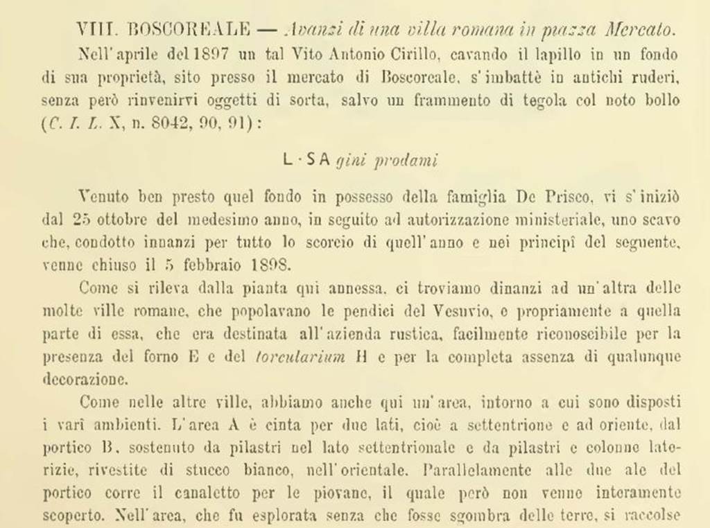 Boscoreale, Villa Rustica in proprietà Cirillo. Notizie degli Scavi, 1898, p.419.