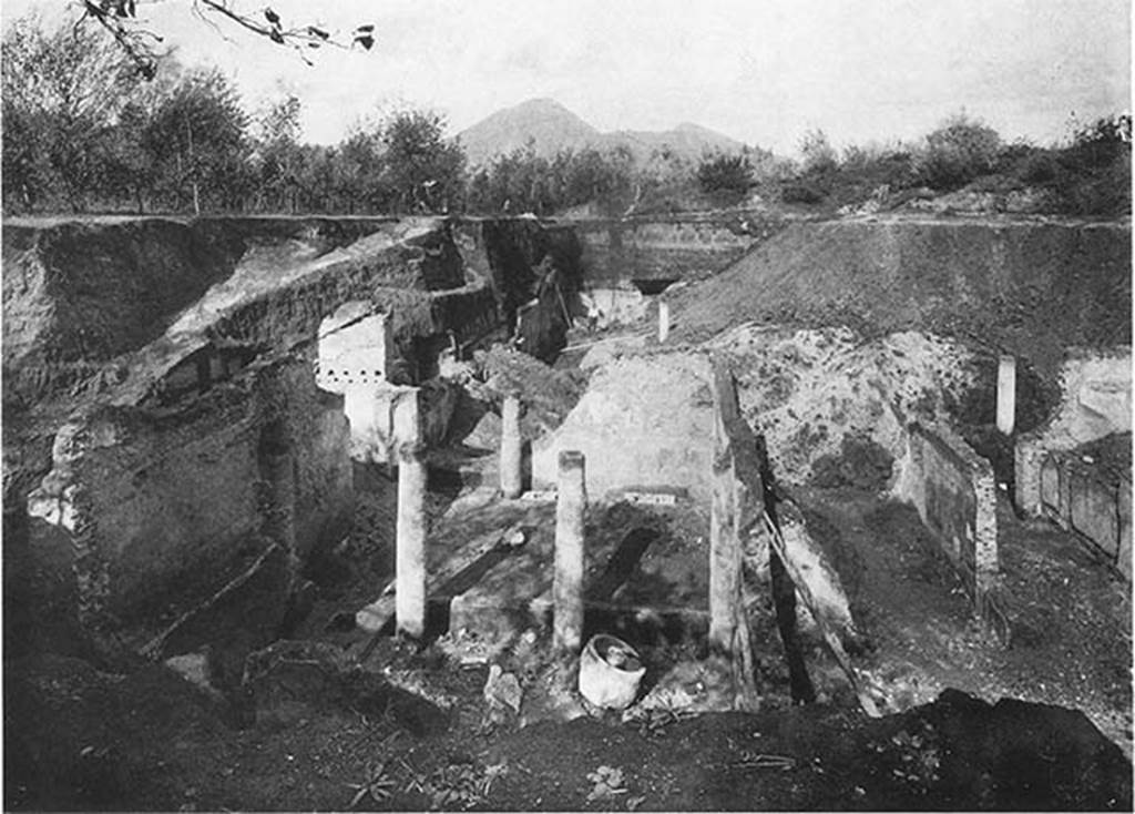 Villa of P. Fannius Synistor at Boscoreale. The excavations in mid September 1900.
Most of the villa had by then been newly buried again. 
Corridor C is far right, leading to peristyle E. Room D is to the left of C and then room 24 to its left.
According to Barnabei, the whole building was the owner’s house, except a portion (room 24) to the left of the entrance, which was used for the business.
The main entrance of the villa was approached by a flight of five broad steps of Vesuvian lava. 
These were on the north side of a small peristyle/colonnaded forecourt [A] which was only partly excavated.
See Barnabei F., 1901. La villa pompeiana di P. Fannio Sinistore. Roma: Accademia dei Lincei. Tav. XI.
