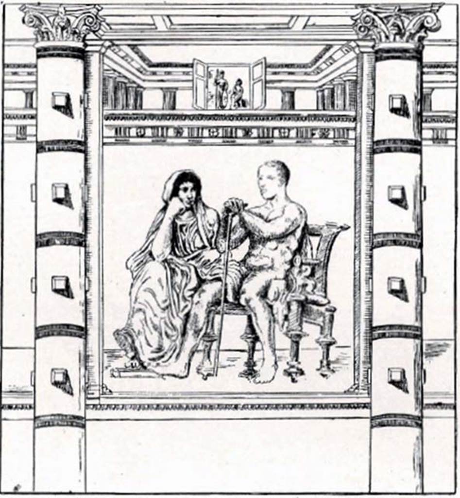 Villa of P. Fannius Synistor at Boscoreale. 1903 drawing of panel in centre of east wall of room H.  
According to Sambon, this represents two seated figures.
A naked man (athlete?), in the Herculean form, sits back on a throne and seems proud of his male body and energetic beauty. 
He rests his hands on a stick on the ground. His green robe slides off his shoulders and falls in folds on the blue cushion. 
With him sits a woman, her head wrapped with her light green robe, having for a jewel a ring seal. 
The right elbow is pressed on her knee and her chin on the hand. 
Her eyes are fixed on her companion, but with the vague look of a pensive person.
See Sambon A, 1903. Les Fresques de Boscoreale. Paris and Naples: Canessa. 20, p. 12, p. 14.

Note the colonnade and figures in a doorway at the top of the drawing.
According to Sambon, two small paintings were on the cornice of the wall on which were painted the citharist and other figures. 
He describes one as Bellona [the goddess of war] standing, dressed in a purple tunic, her head covered with a red scarf. 
She holds a spear and a shield. 
Next to her, a seated woman with a hooded head, is pressing her chin in her hand; Height: 0.43m; width: 0.42m.
See Sambon A, 1903. Les Fresques de Boscoreale. Paris and Naples: Canessa. 24-25, p. 16-17.

