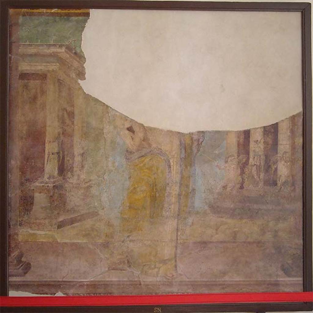 Villa of P Fannius Synistor at Boscoreale. Room H, north wall, centre panel. Painting of Venus Genetrix and cupids. Venus is covered only in a yellowish mantle lined with violet. Cupid rests on her right leg. The blue sea is behind, and a small temple with the winged Psyche. At the foot of the temple are other fishing cupids with outstretched wings. On the other side of the painting in the middle of the sea is another temple, with Fortuna on a base. 
Another god stands on another base. Now in Naples Archaeological Museum.  Inventory number s. n. 4. See Barnabei F., 1901. La villa pompeiana di P. Fannio Sinistore. Roma: Accademia dei Lincei. p.53, Fig. 11.