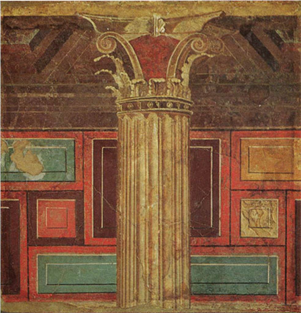Villa of P. Fannius Synistor at Boscoreale. 1966. Dressing room I of the large triclinium. Paintings imitating walls with blocks of marbles of different colours (brown, green, yellow, white, all on a red background), seen through a row of Corinthian columns and pilasters.