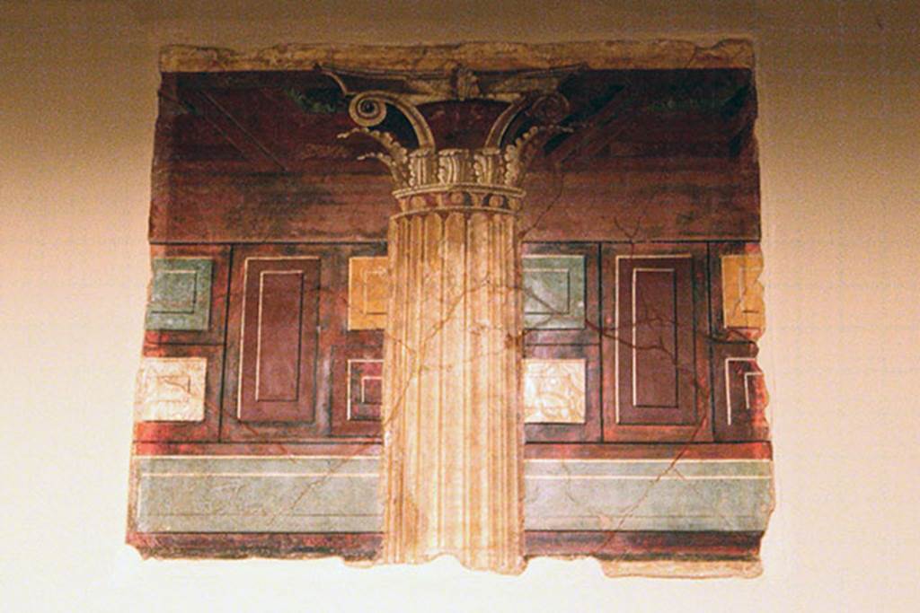 Villa of P. Fannius Synistor at Boscoreale. Dressing room I of the large triclinium.
One of the three pieces detached from the wall. This would appear to be the one illustrated by Sambon in the 1903 cataloge.
See Sambon A, 1903. Les Fresques de Boscoreale. Paris and Naples: Canessa. 26-28 p. 17.
Now in the Muse Royal de Mariemont, Morlanwelz, Belgium.
http://www.musee-mariemont.be/
Photo courtesy of Michel Wal, Wikimedia Commons. 
This photo is subject to an Attribution-ShareAlike 3.0 Unported licence.

