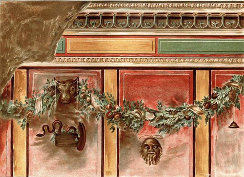 Villa of P Fannius Synistor at Boscoreale. 1903 painting of room L, tablinum, west wall. 
According to Sambon, there were four large panels detached in good condition. The decoration was divided into three sections. 
a. Cornice: White frieze imitating oval mouldings and lanceolate leaves supported by intertwined stems ending with heads of goats (green on purplish background). 

b. An area of yellow and green blocks painted with relief and set on a red background, between two white friezes imitating mouldings, the lower frieze has a row of lanceolate leaves.

c.  The main part of the wall to the height of a person, has large red panels, separated by yellow stripes and are outlined with brown. On the central panels are the heads of young bulls, adorned with thin ribbons (infulae). They serve as support for a festoon of greenery with fruit of all kinds (pomegranates, pine cones, clusters of grapes, corn, apples, etc.). In these festoons are wound ribbons which support hanging objects. There is a Dionysian wicker box (Cista) filled with ivy leaves, from which a serpent is escaping; a mask of Silenus, small cymbals, a tambourine adorned with greenery, an eaglet attached by the wings, a tragic mask. 

A black base (socle) separated the decoration of the floor which was a white mosaic with light black decor. 

Measurements. Height: 1.94 m. length: 2.51 m. - 1.94 m X 2.72 m. - 1.86 m x 1.10 m. - 1.97 m x 1.20 m.
See Sambon A, 1903. Les Fresques de Boscoreale. Paris and Naples: Canessa. 15-18, p. 11, pl. VI.
