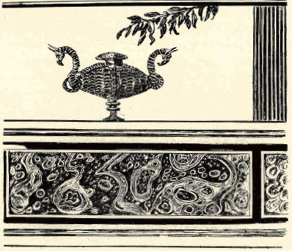 Villa of P Fannius Synistor at Boscoreale. 1903 drawing. Room O, antechamber or procoeton to cubiculum M. According to Sambon, this shows the cornice of a wall decorated with panels of marble vein. On top of the cornice is a small basket in the form of pyxis (round with a lid). It has handles with griffin heads and stands out against the azure of the sky. Pictured in the background are a Corinthian column and a lemon tree branch. Measurement 0.90m by 0.85m. See Sambon A, 1903. Les Fresques de Boscoreale. Paris and Naples: Canessa. 38, p. 21.