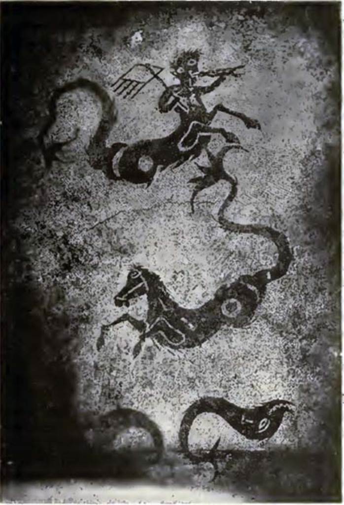 Pompeii, Villa rustica nel Fondo di Antonio Prisco. 
Room 11. Calidarium. Black and white mosaic floor with sea centaur, sea horse and two dolphins.
See Notizie degli Scavi di Antichità, 1921, p. 419, fig. 3.
According to Fabbricotti, these are a marine centaur, marine bull and two fishes.
See Fabbricotti E., 1976. Cronache Pompeiane II, pp. 43-44.
