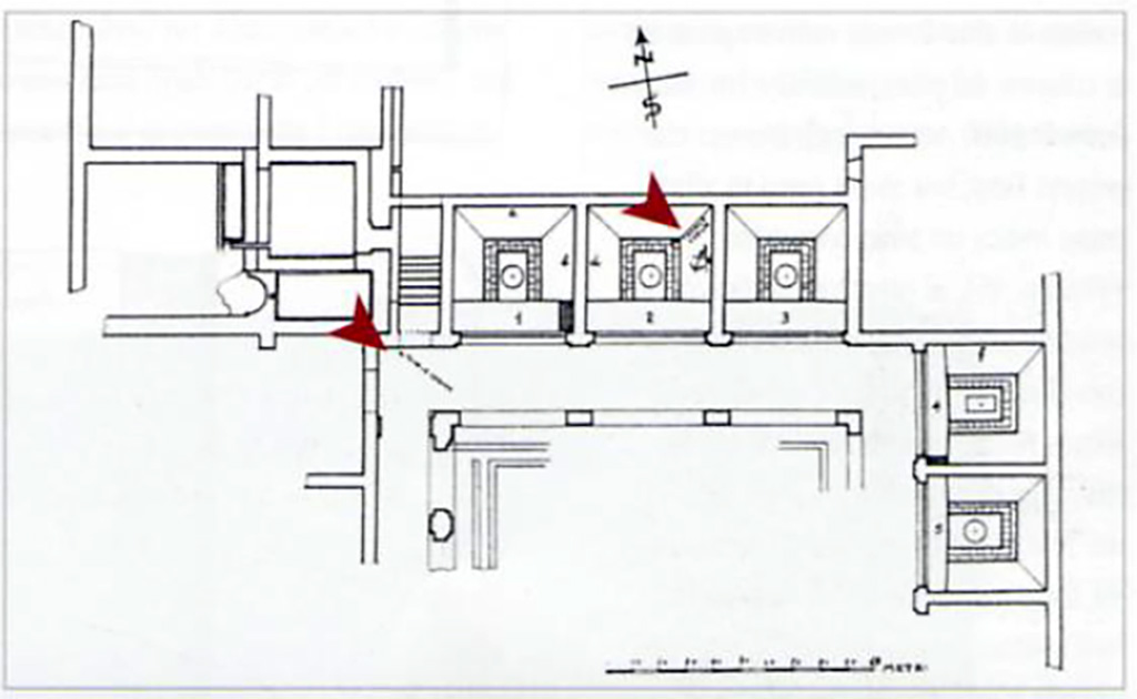 Complesso dei triclini in località Moregine a Pompei. 2008. Plan of find locations of the tablets. 
The arrows indicate the place where the waxed tablets were found in Triclinium B and the northwest corner of the peristyle.
Most of the set of waxed tablets were found on the triclinium bed in room B and, to a lesser extent (only 4 or 5 tablets) in the north-west corner of the adjoining portico.
In addition, the anchor symbol shows where a large iron anchor, part of the stern planking of a boat and numerous oars were also collected in the same triclinium.
See Mastroroberto, M., Stefani, G. 2008. Uno alla Volta: la tavoletta cerata. Antiquarium di Boscoreale 25 marzo - 20 settembre 2008, p. 5.


