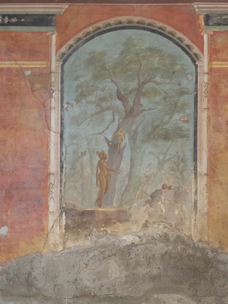 Oplontis Villa of Poppea, September 2017. 
Room 8, wall painting of Hercules in the Garden of the Hesperides in recess on the east wall of the caldarium.
Foto Annette Haug, ERC Grant 681269 DÉCOR.
