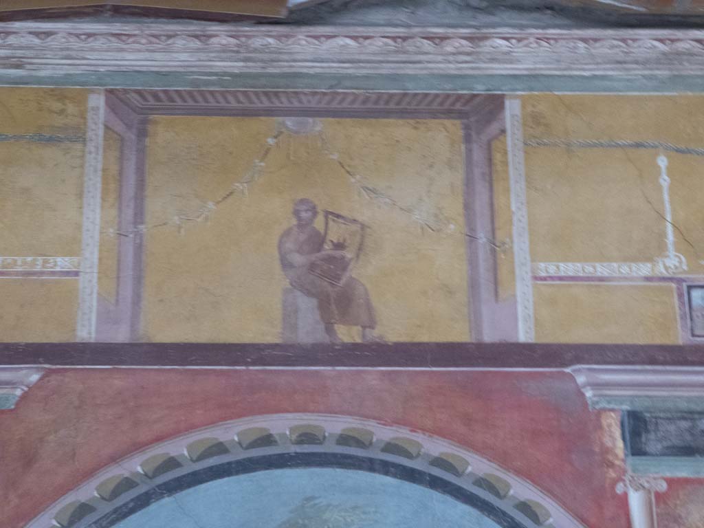 Oplontis Villa of Poppea, September 2017. Room 8, painting of a poet playing the lyre from upper centre of east wall. 
Foto Annette Haug, ERC Grant 681269 DÉCOR.
