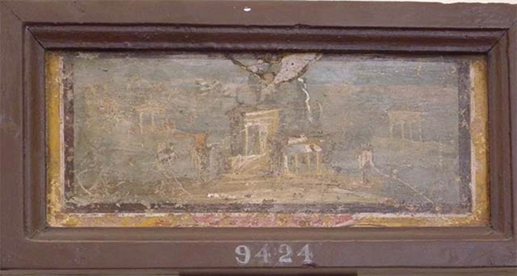 Stabiae, Villa Arianna, found 30th December 1760 to 3rd January 1761. Room E, landscape painting.
Now in Naples Archaeological Museum. Inventory number 9424.
See Sampaolo V. and Bragantini I., Eds, 2009. La Pittura Pompeiana. Electa: Verona, p. 480-1.
