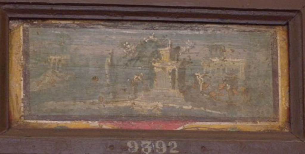 Stabiae, Villa Arianna, found 30th December 1760 to 3rd January 1761. Room E, landscape painting.
Now in Naples Archaeological Museum. Inventory number 9392.
See Sampaolo V. and Bragantini I., Eds, 2009. La Pittura Pompeiana. Electa: Verona, p. 480-1.
