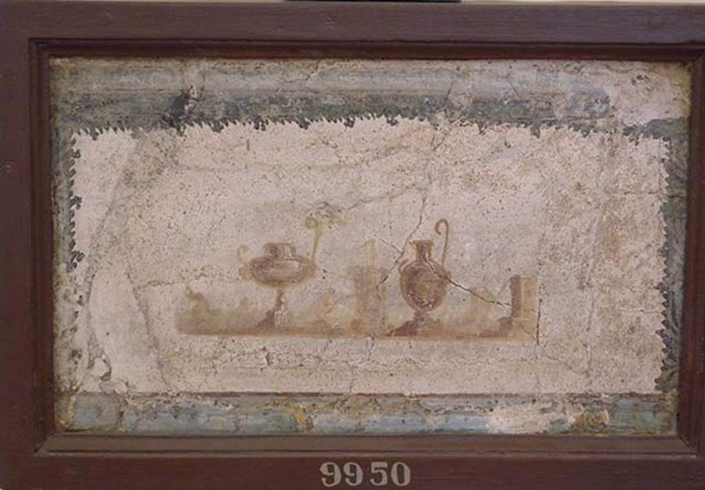 Stabiae, Villa Arianna, found 24th December 1760. Room E, painting of vases as competition trophies.
Now in Naples Archaeological Museum. Inventory number 9950.
See Sampaolo V. and Bragantini I., Eds, 2009. La Pittura Pompeiana. Electa: Verona, p. 477.
