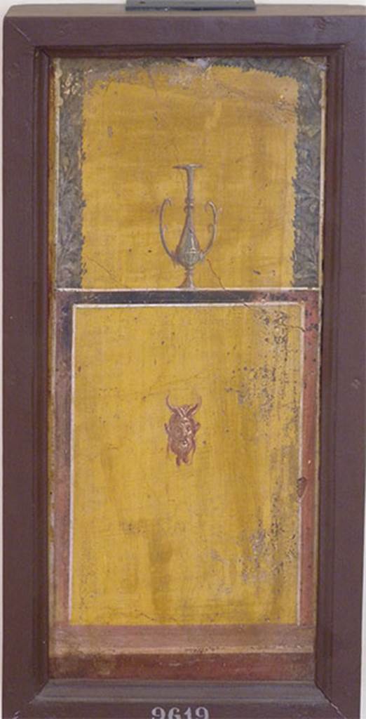 Stabiae, Villa Arianna, found 3rd January 1761. Room E, painting of compartment with a mask of Pan and kantharos above.
Now in Naples Archaeological Museum. Inventory number 9619.
See Sampaolo V. and Bragantini I., Eds, 2009. La Pittura Pompeiana. Electa: Verona, p. 476.

