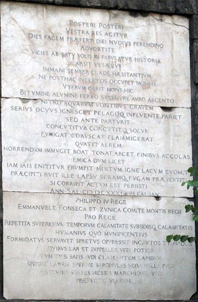 Vesuvius Eruption 1631. The epitaph in Portici commemorating the eruption of Vesuvius in 1631.
On the memorial is the inscription.
