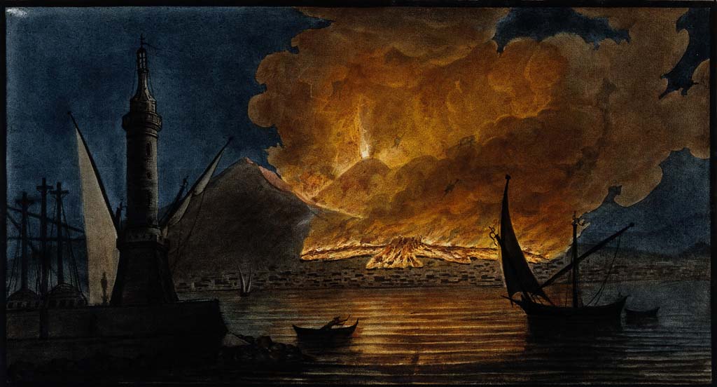 Vesuvius Eruption 1767. Mount Vesuvius in eruption in 1767, from the mole at Naples. 
Coloured mezzotint by Pietro Fabris, 1776, after his painting, 1767.
See original on https://wellcomecollection.org/
