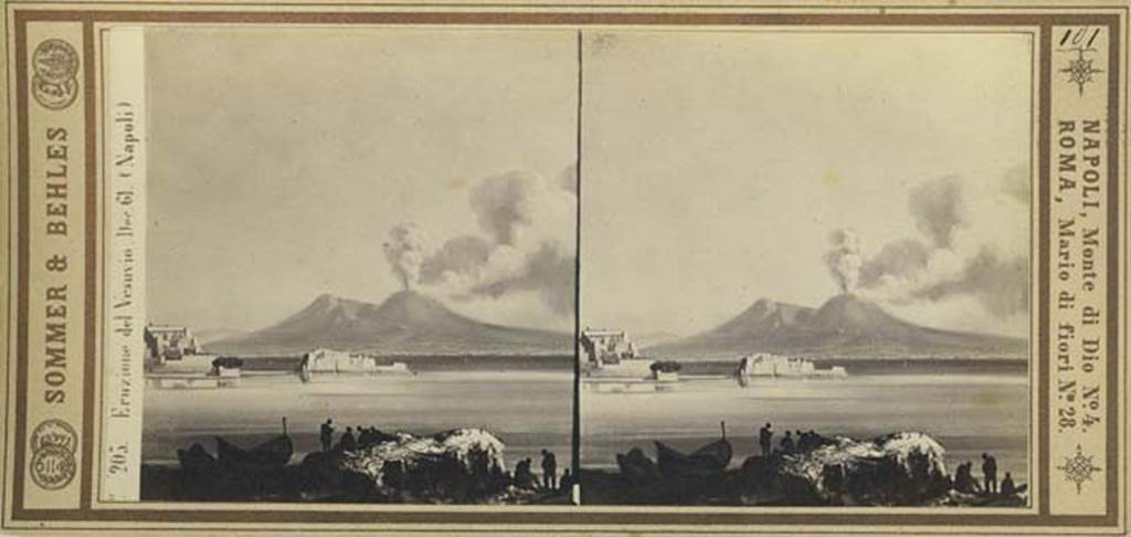 Vesuvius. December 1861 eruption. Stereoview by Sommer and Behles no. 205. Photo courtesy of Rick Bauer.
This is however the same photograph as that of the eruption dated November 1867 by Edmund Behles no. 2205.
