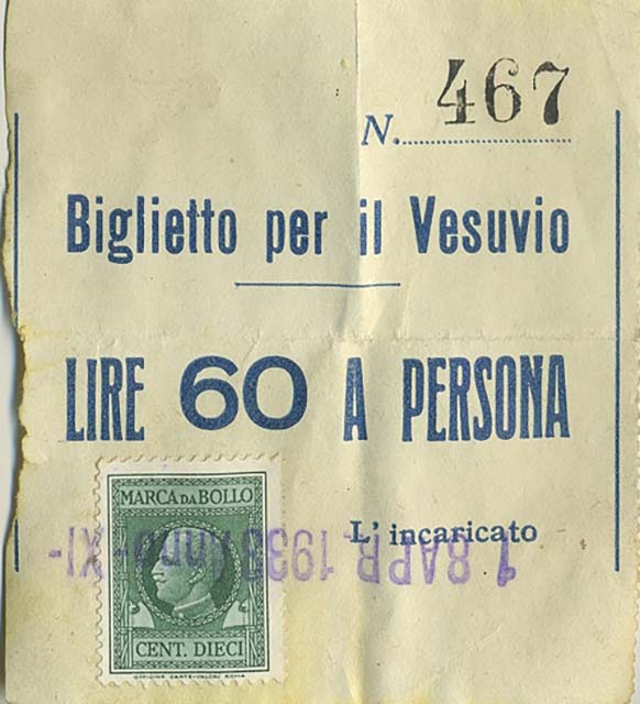 Vesuvius postcard c.1940? Autostrada Vesuvio Boscotrecase presso Pompeii Scavi.
Pompeii is at the bottom of the postcard and the winding road to the summit of Vesuvius is shown.
