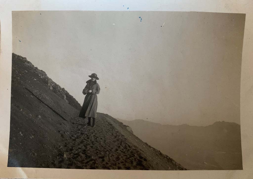 Vesuvius. March 1922. Tourist walking on pathway to top. Photo courtesy of Rick Bauer.