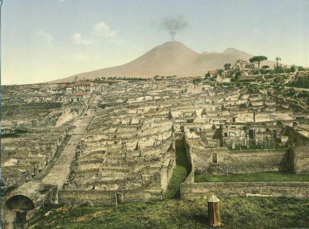 Vesuvius, 1869? Colourised photo looking across Pompeii to Vesuvius. Photo courtesy of Rick Bauer.