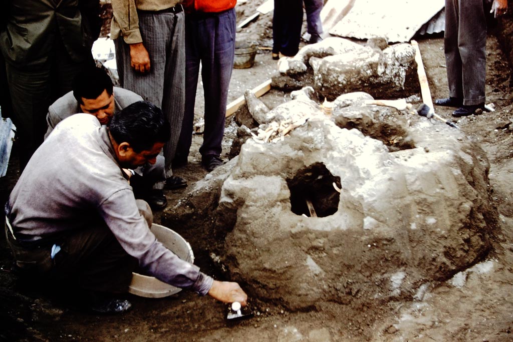 1.21.6 Pompeii. 1961. 
New excavations near the south wall, where some mounds of hardened volcanic ash had been left undisturbed during the excavation of the surrounding garden area. These contained cavities which when filled with cement would form the shape of the human fugitives.
Photo by Stanley A. Jashemski.
Source: The Wilhelmina and Stanley A. Jashemski archive in the University of Maryland Library, Special Collections (See collection page) and made available under the Creative Commons Attribution-Non-Commercial License v.4. See Licence and use details.
J61f0378
