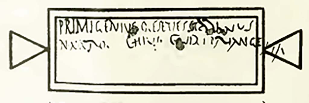 Above the painting were found traces of names of Vicomagistri in black, enclosed in two rectangles, the outer one black and the inner one red. [CIL IV 7425]. 
See Notizie degli Scavi di Antichità, 1913, p.478-9, Fig 2.

According to Epigraphik-Datenbank Clauss/Slaby (See www.manfredclauss.de), these read as –

Primigenius Caeseti(a)es Stalbnus 
N(umerius) Maro(nis) Chius C(ai) Viri Primigeni      [CIL IV 7425]

According to Cooley, written in charcoal, were the names of the local district officials, or more probably their attendants, in charge of the cult.
Below the text were pictures relating to the cult, with two serpents below, and two Lares above with drinking cups next to a figure sacrificing. 
Its excavators could discern 5 layers of painting, showing that the shrine’s painting was renewed over a period of some years.
On the upper surface of the altar itself were found considerable quantities of ash and wood, perhaps the remnants of burnt offerings.
She translated CIL IV 7425 as –
“Primigenius, slave of Caesetia; Stalbnus, slave of Numerius Maro; Chius, slave of Gaius Virius Primigenius”.
See Cooley, A. and M.G.L., 2004. Pompeii: A Sourcebook. London: Routledge. (p.108)

