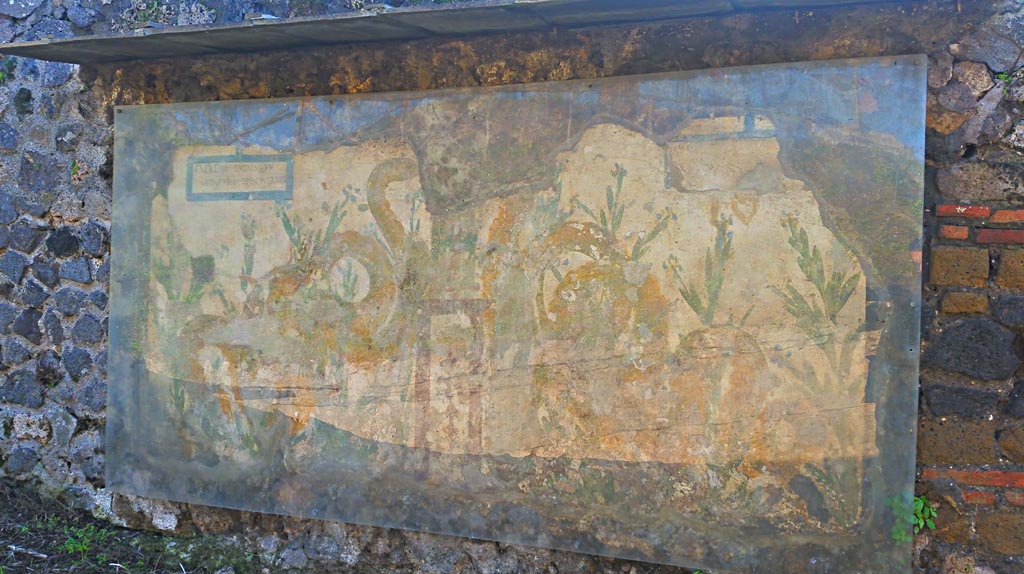 Painted street shrine on the wall at V.6.19 Pompeii. December 2019. Looking south-east. Photo courtesy of Giuseppe Ciaramella.