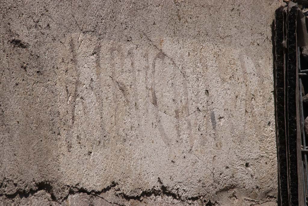 V.8, Pompeii. September 2021. ALBVCIVM graffiti.
Looking north towards painted graffiti on east end of south wall near the street shrine, on north side of Vicolo delle Nozze d’Argento. 
Photo courtesy of Klaus Heese.
