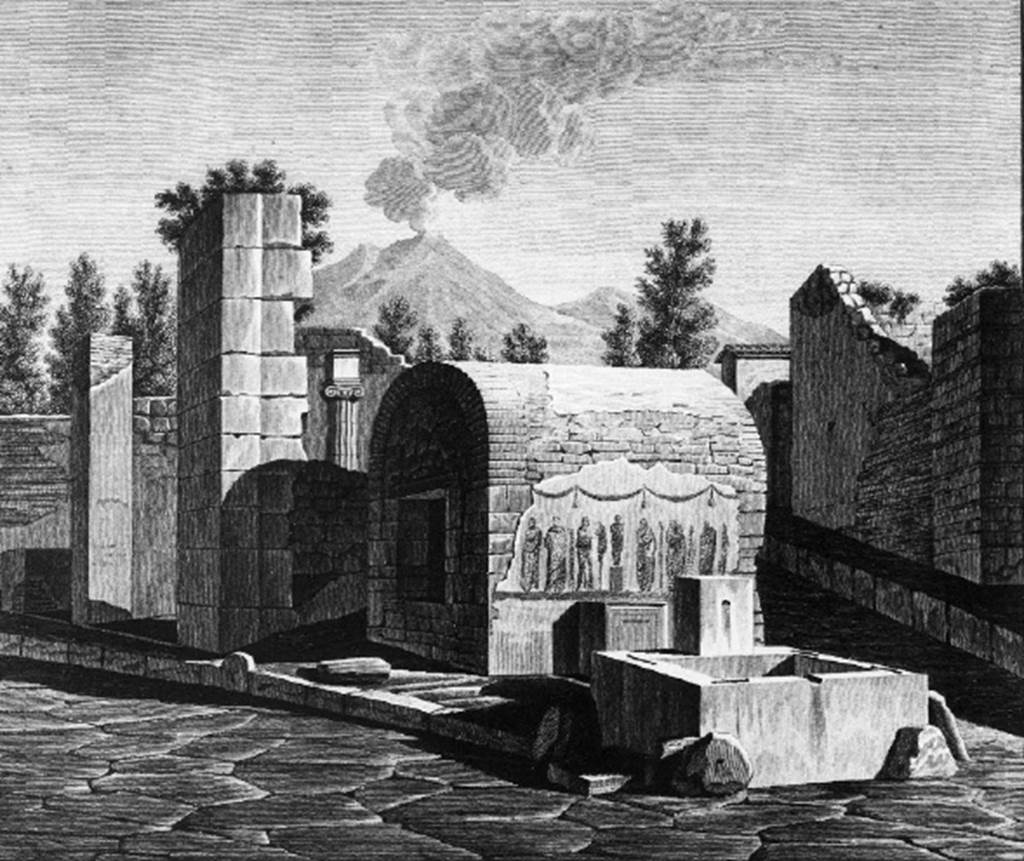 Pompeii. Street altar at VI.1.19. 1824. Drawing of altar and lararium painting with fountain and deep well. According to Fröhlich, in the middle of the painting stood a base with a statue on it. On each side of the statue were three robed figures. Mazois says there were garlands above the figures. See Mazois, F., 1824. Les Ruines de Pompei: Second Partie. Paris: Firmin Didot. (p. 37. Pl 2,1). See Fröhlich, T., 1991. Lararien und Fassadenbilder in den Vesuvstädten. Mainz: von Zabern.